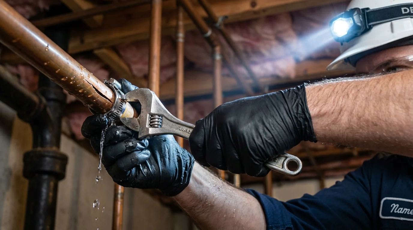 Emergency pipe clamp repair being performed by a Johns Plumbing LLC plumber in Gilberts